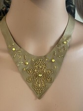 Beige Leather Necklace Gold Metal décor Magnetic Cloture Hand Made 1 Of A Kind