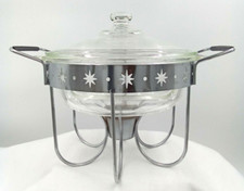 Vintage Fire King Divided Casserole Dish Lid Star Stamped Warmer Stand MCM USA