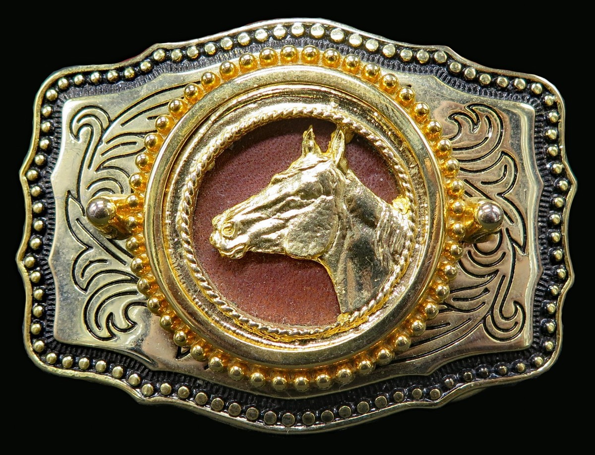 Boucle De Ceinture Vintage Unique En Laiton - Motif Chevaux Sauvages (Running Wild Horses) - Occasion Avec Traces D'âge