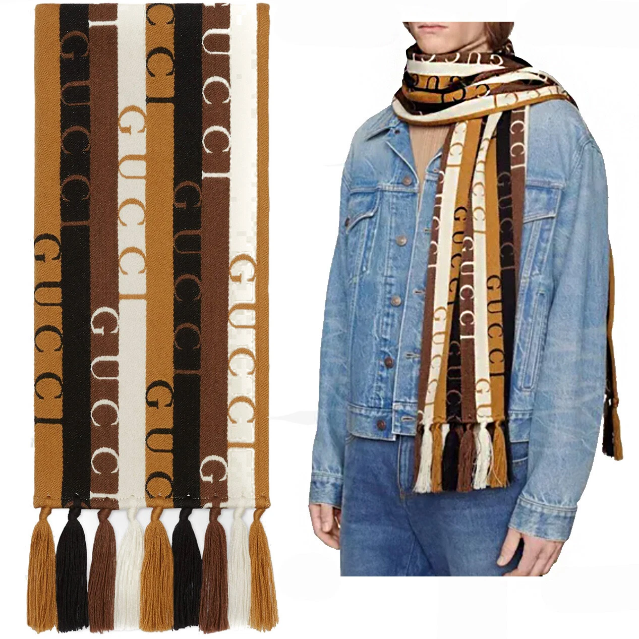 FOULARD GUCCI 634166 LOGO RAYÉ LAINE COTON avec FRANGE UNISEXE 14,5