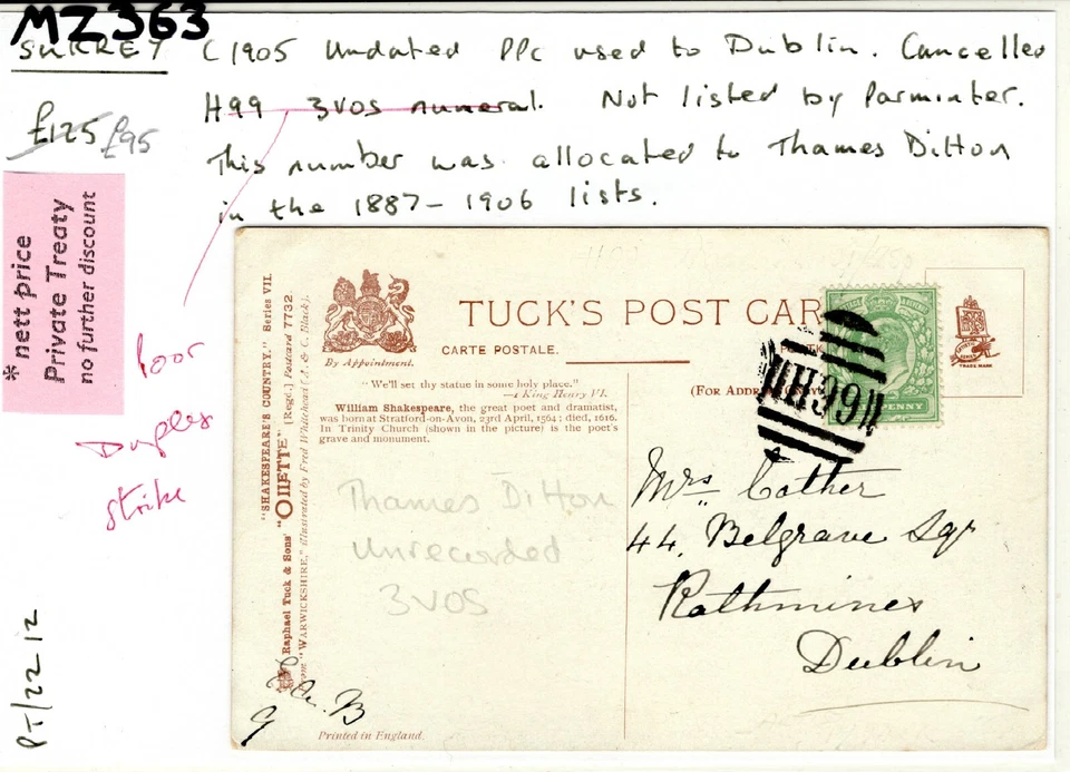 GB Surrey KEVII Card *H99* Thames Ditton Duplex Ireland Dublin c1905 MZ363 - Image 4 of 4
