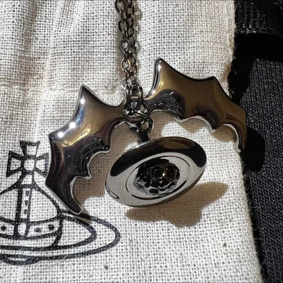 Authentic Vivienne Westwood Black Silver Bat 3D Orb Necklace Chain - Image 2 of 4