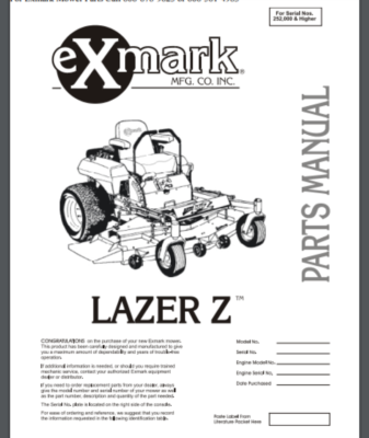Exmark Lazer Z Mower Parts Manual 36 For Serial #'s 252,000