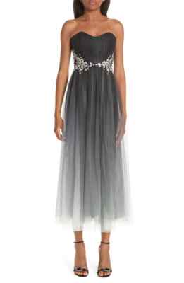MARCHESA NOTTE STRAPLESS OMBRE TULLE TEA LENGTH MIDI BLACK DRESS - Main Image