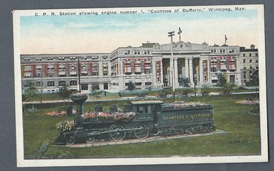 Vintage Postcard C. P. R. Station showing engine number 1, Countess of Dufferin