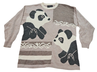 Vintage Womens Size Large/XL Panda Bear Sweater Pullover Neutral Tan SEE MEASURE