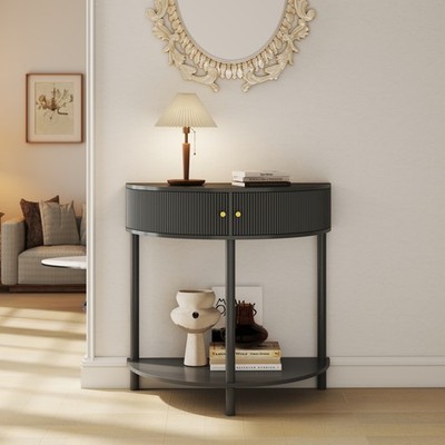 Artisan-Crafted Wave-Pattern Demi-Lune Console Table With Dark Gray Finish