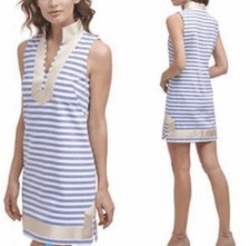 ELIZA J Striped Tunic Shift DRESS Blue White Metallic Gold Trim 4 Nautical Old $