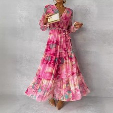 Women's Floral Chiffon Maxi Dress V-Neck Long Sleeve High Waist Tiered Pleated —