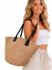 NWT Buckhead Betties Jute Tote Shoulder Bucket Beach Bag Khaki with Black