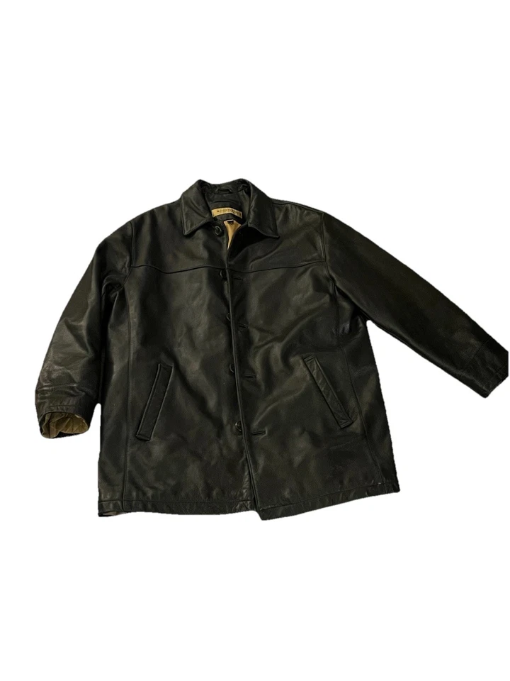 Andrew Marc 纽约复古黑色皮革外套带金色绗缝衬里,尺寸 L — 第 2/4 张图片