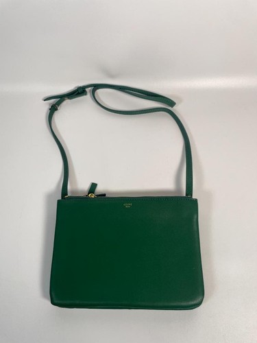 Authentic CELINE Trio Large Shoulder Bag Green Leather Gold Hardware PhoebePhilo