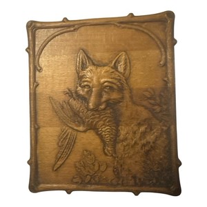 Wood Wall Mounted Plaque Brown Rectangular Fox Relief Carving, Nature Theme