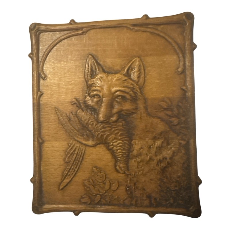 Wood Wall Mounted Plaque Brown Rectangular Fox Relief Carving, Nature Theme