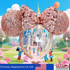 Disney-Park's Resort Minnie Mouse Ears Pink Sequined Bow Beauty Headband US Ship