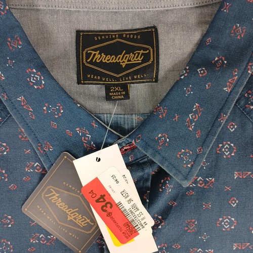 Threadgrit Shirt Men's 2XL Blue Aztec Geometric Print Short Sleeve Pearl Snap - Picture 2 of 6