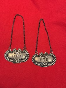 Two Sterling Silver Decanter Lable Tags for Liquor Bottles Scotch & Rye 18g