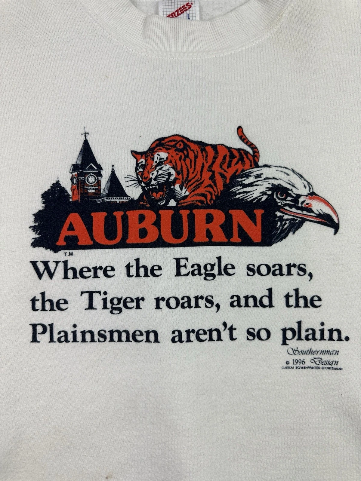 SUPREME Felpa vintage Auburn Tigers Alabama adatta maglione medio bianca NCAA 1996 anni 90