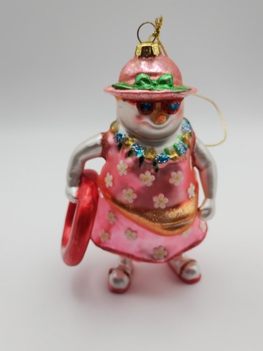 Snowman Ornament Snow Woman Blown Pink Dress Hat Pool Float Glass Glitter Unique