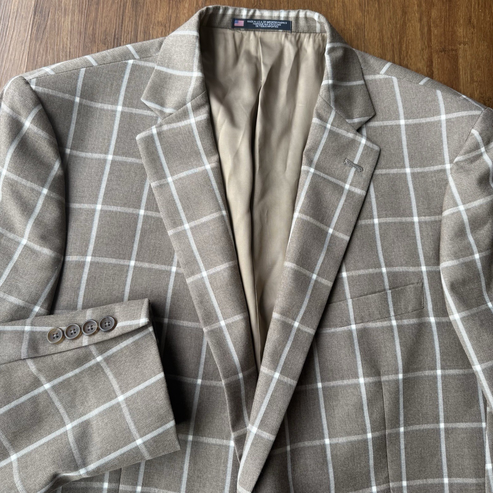 Hart Schaffner Marx Sport Coat Jacket Windowpane Plaid Mens 48 R Wool Brown Suit