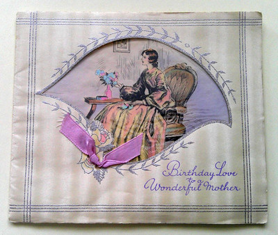 30's Woman admiring vase of flowers vintage Birthday Greeting card *ZZ5