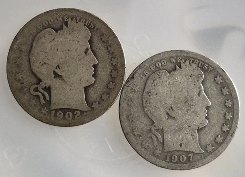 1902 & 1907 Barber Silver Quarters | Philadelphia | AG - Lot of 2