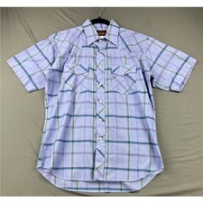 Wrangler Western Pearl Snap Shirt Mens Medium Blue Plaid Short Sleeve Excellent