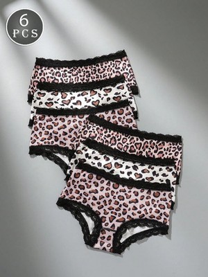 6er Pack Leoparden Muster Spitzen Patchwork Damen Slips für jeden Tag Billig24