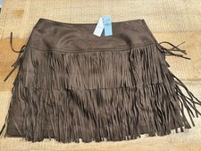 LOFT Brown Faux Suede Fringe Mini Skirt Size 10 NWT Western Boho Festival Style