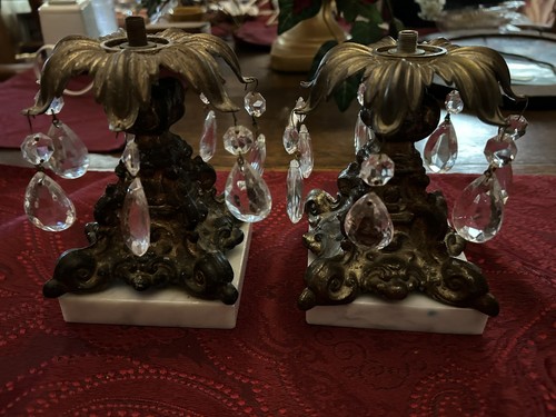 Vtg Set Of Hollywood Regency Marble &Brass & 14 Prisms Missing Candle Holders - Picture 4 of 4