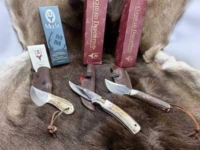 Three (3) Muela Mouse, Setter, & Teckel Knives With Sheaths Mint In Boxes +++