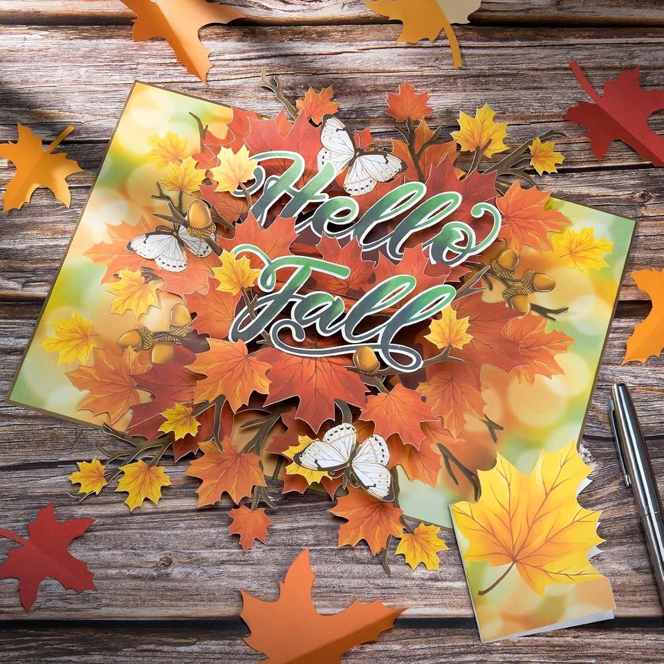 Tarjeta emergente de otoño 3D hojas de arce mariposas florales tarjeta de felicitación Foto 4 de 4