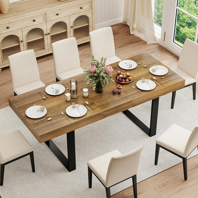 Expandable Wooden Dining Table for 6-10, Space Saving Farmhouse Design