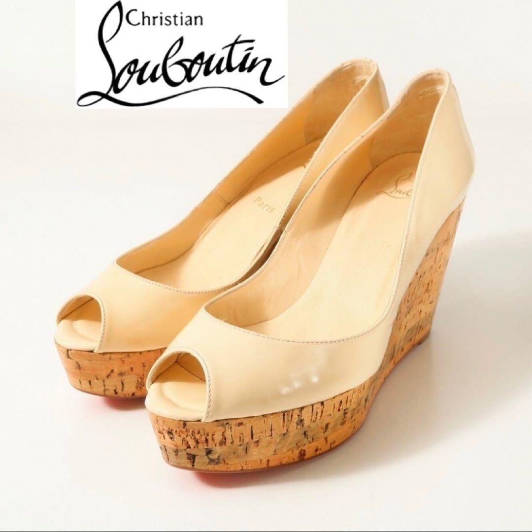 Christian Louboutin Open Toe Wedge Pumps Beige Size EU38 US8 Heel .