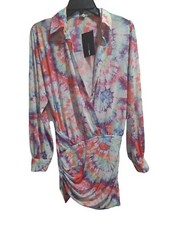 Fashion Nova Tie Dye Multicolor Mini Dress Plunge Neckline Women Size Small NWT