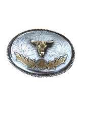 Rare Vintage Old Western Handcrafted Silver Longhorn Steer Belt Buckle Alpaca NM