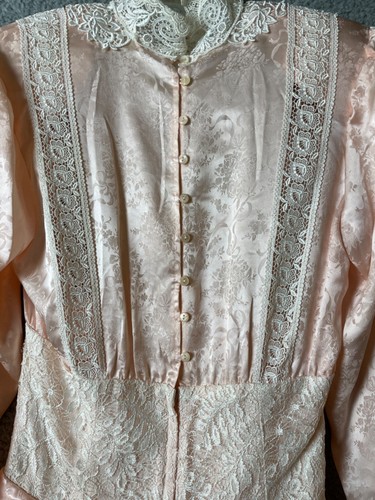 Jessica McClintock Womens Dress 8 Pink Silk White Lace Ruffles High Neck Buttons - Picture 7 of 23
