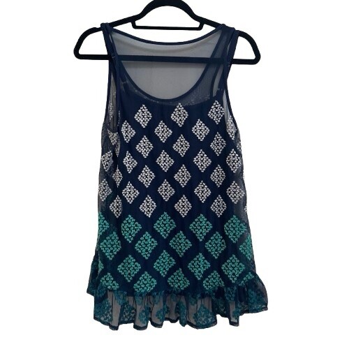 Wit & Wisdom Boho Navy Patterned Mesh Tank w/ Und… - image 1