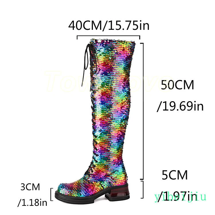 Women's Over The Knee High Sequins Glitter Boots Platform Low Heel Performance - Image 4 of 4