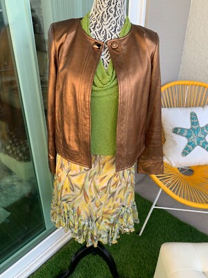 Dana Buchman Copper Brown Metallic Leather Jacket Petite Small Sz 2