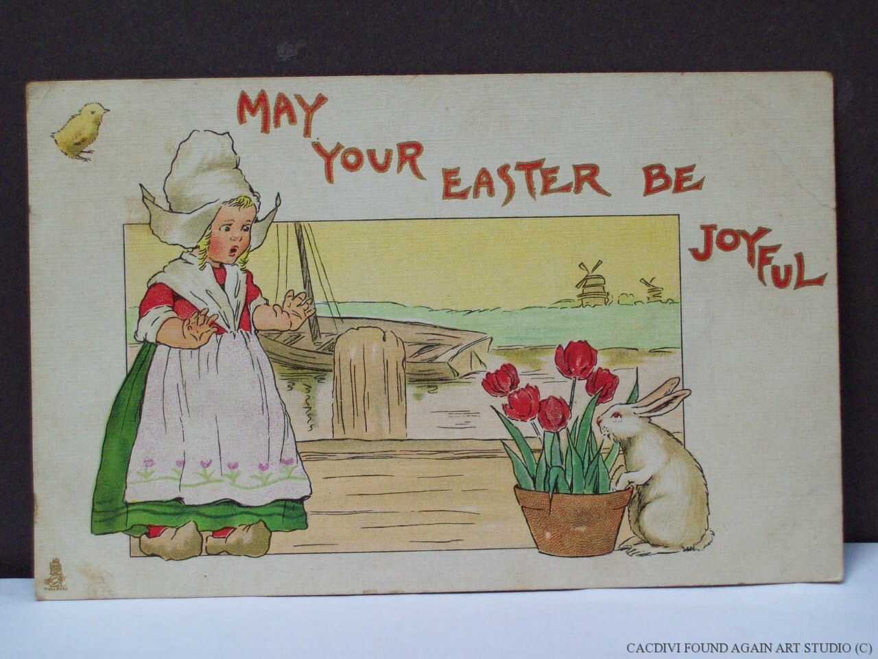 Cute Dutch Girl Easter Postcard Bunny Rabbit Eating Tulips Red Flowers Chick Old