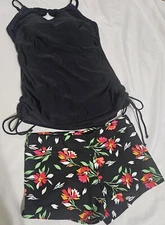 Women's two piece swim set black tank top and black shorts with flowers Size S
