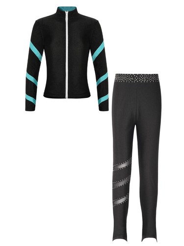 Kids Girls Outfit Rhinestones Set Long Sleeve Tops Trousers Vest Gymnastics Gym - Picture 8 of 46