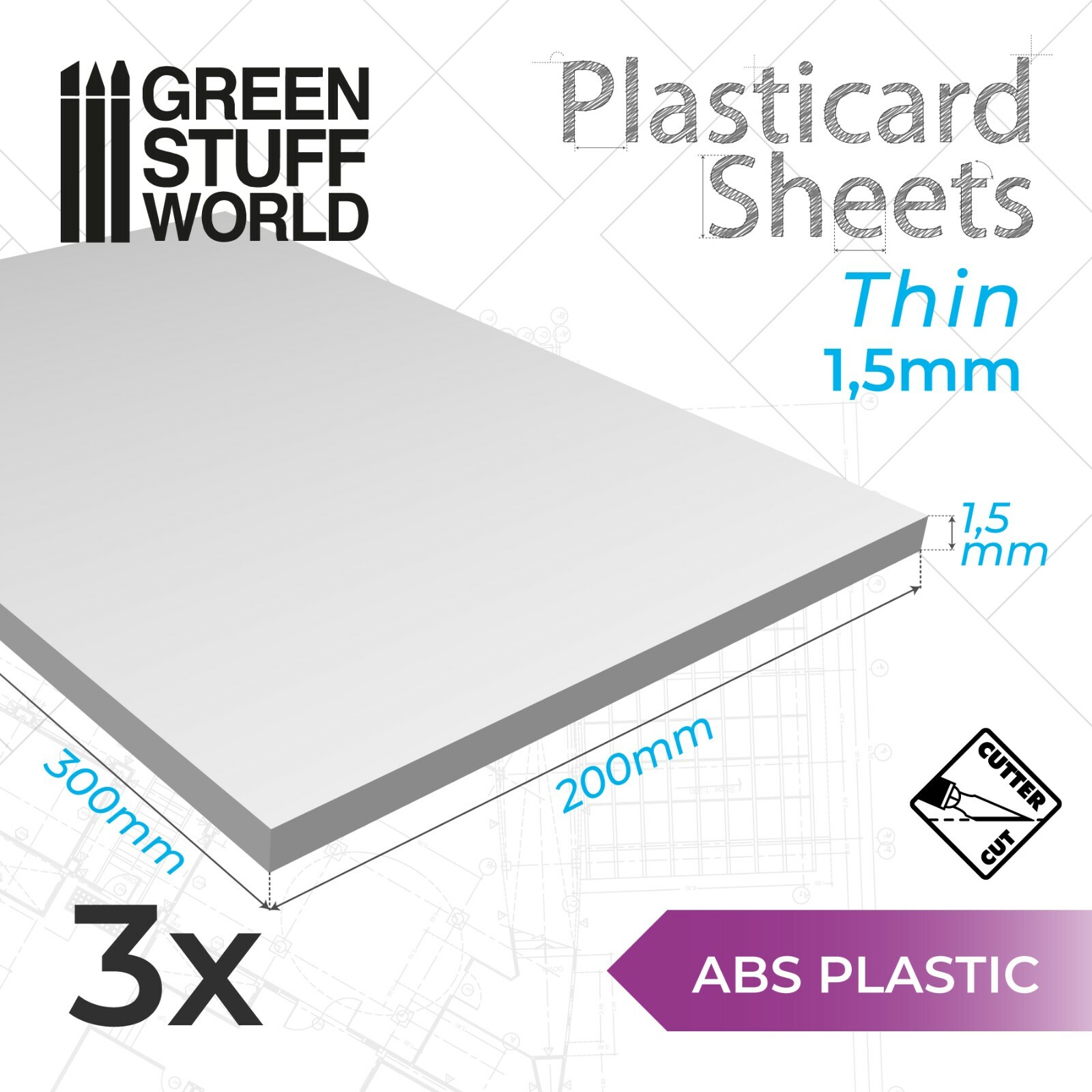 3x Fogli PLASTICARD LISCIO 1'5mm lastre plastica ABS modellismo autocostruzione