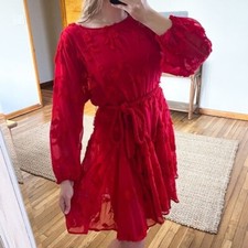 Mare Mare Red Floral Embroidered Long Sleeve Rope Tie Bohemian Mini Dress S NWT