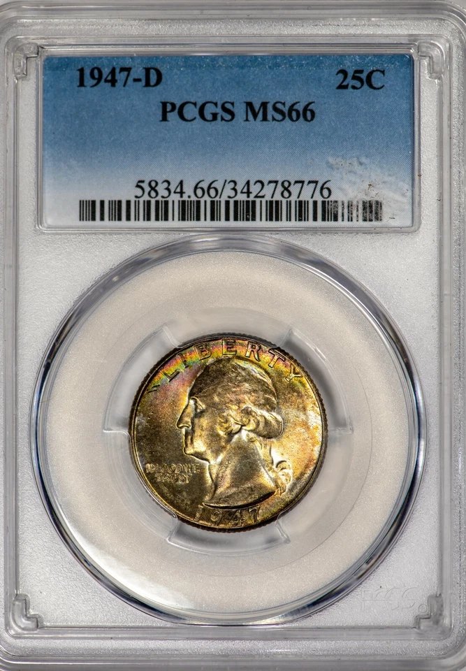 1947-D 25C Washington Quarter PCGS MS66 Rainbow Rim-Toned Gem! - Image 2 of 4