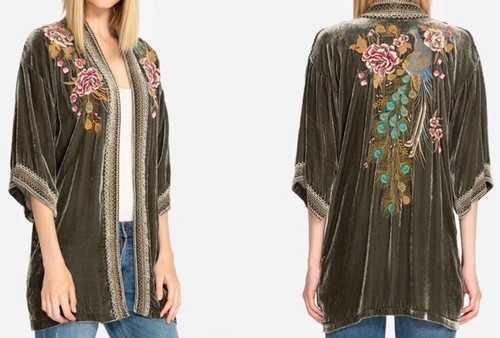 Johnny Was Biya Peacock 🦚 Velvet Kimono Coat Jacket Embroidery M Fits L 🫒 - 第 2/6 張圖片
