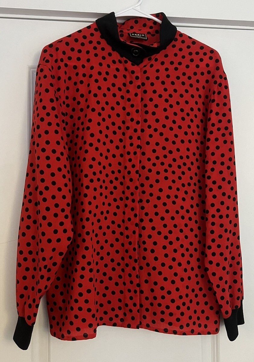 Akris Club Red Black Polka Dot Long Sleeve Button Shirt Blouse Top