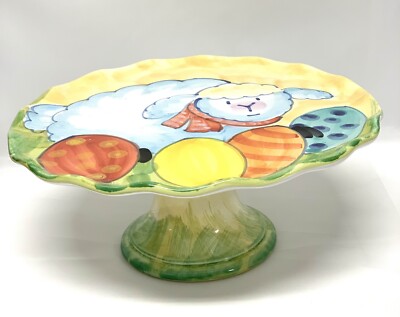 Vietri Italy Pedestal Cake Stand Hand Painted Ceramic Easter 11 w x 4.5 h Mint