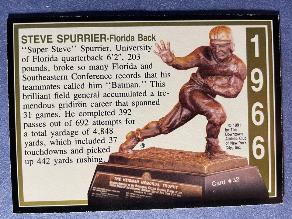 SIGNED STEVE SPURRIER 1991 HEISMAN TROPHY FOOTBALL CARD AUTOGRAPH - GATORS - Image 2 of 2